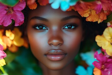 Stunning Woman s Face Surrounded by Vibrant Flowers Beauty Nature Portrait