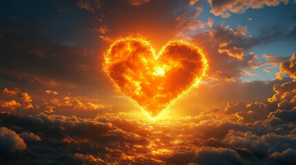 A glowing golden heart enveloped by soft, warm light, floating in a vast, serene sky.