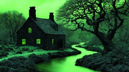 Enigmatic Stone Cottage  Lush Trees  Winding River  Night Scene