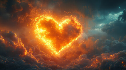 A glowing golden heart enveloped by soft, warm light, floating in a vast, serene sky.