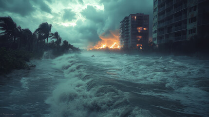 category 5 hurricane making landfall in Florida, powerful winds, storm surge, damaged buildings.