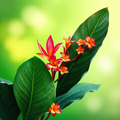 Tropical plant leaves and colorful flowers on a vibrant green background, lush greens, flower arrangements, bright colors, floral patterns