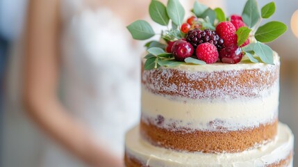 Delicious Naked Wedding Cake with Berries   Leaves