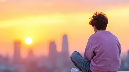 Fototapeta premium Serene Sunset Man Contemplating City Skyline View