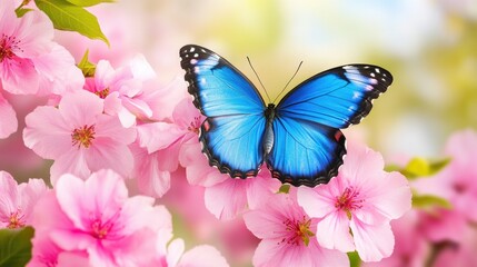 Naklejka premium Vibrant Blue Butterfly on Delicate Pink Cherry Blossom Flowers