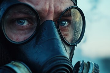 A man wearing a gas mask with a blue filter over his eyes