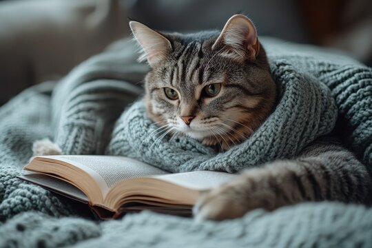 Woman lying on a bed with her cat, reading a book and sipping tea in a cozy setting.