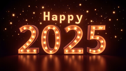 Happy New Year 2025 with glowing lights. Concept of celebration, party, and holiday.