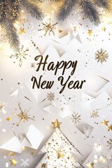 Obraz premium Golden christmas tree and white origami stars with golden confetti are creating a festive atmosphere for happy new year, vertical
