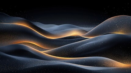 Abstract wavy lines with glowing golden particles on a dark background.