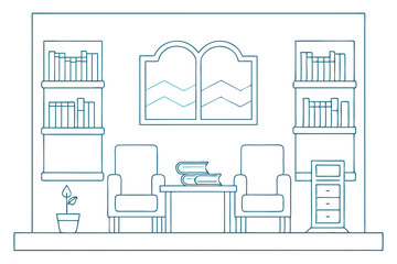 Minimalist Line Drawing of a Reading Room Interior