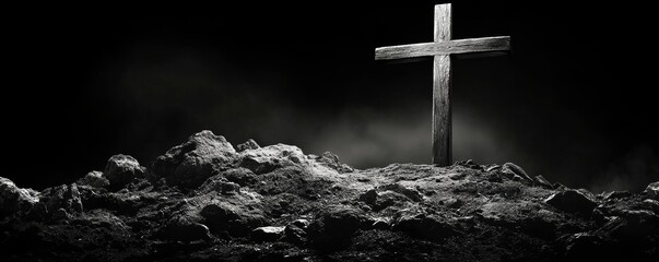 Black and White Wooden Cross on Rocky Hilltop with Copy Space for Religious Message