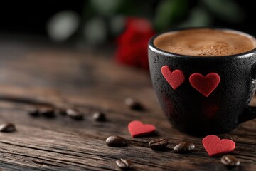 A black coffee mug with two red hearts on it sits on a wooden table