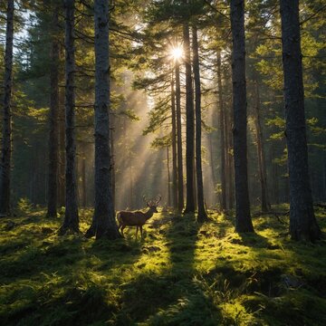 Fototapeta A pristine mountain forest with deer grazing in a sunlit clearing.