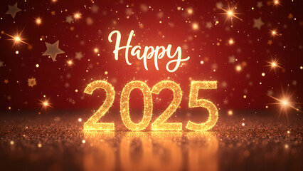 Happy New Year 2025 with golden lights. Festive celebration concept.