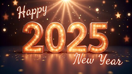 Happy New Year 2025 with glowing lights. Concept of celebration, party, and holiday.