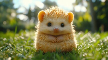 Fototapeta premium Adorable baby hedgehog sitting in grass.