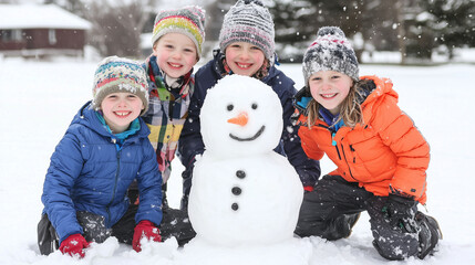 Winter Wonderland Fun: Kids and Snowman. Four happy children proudly pose with their freshly built snowman in a snowy winter landscape.  