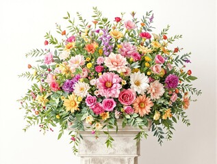 Watercolor floral arrangement on stone pedestal, blossoms, interior design