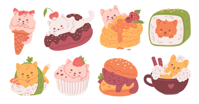 Cute cat in food icons set, funny burger, rolls, donut, cupcake, ice cream cone with kitten, cartoon comic cafe menu