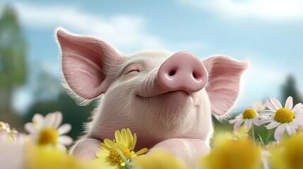 A happy pig resting in a field of flowers under a bright sky.