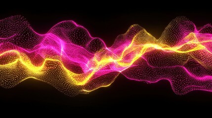 Obraz premium Flowing Sound Waves in Magenta and Yellow with Glowing Light Effects on a Dark Background