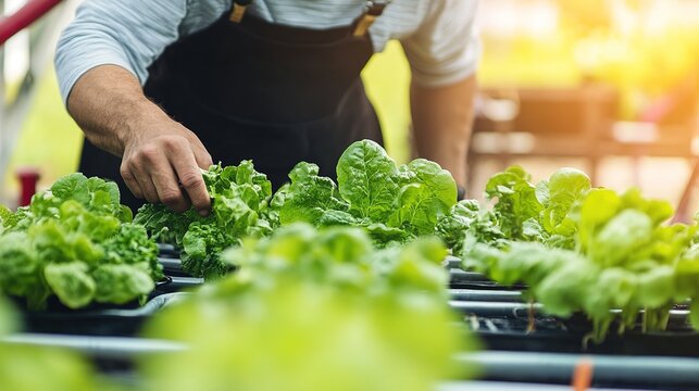 A farmer adjusting the nutrient levels in a hydroponic system growing vegetables.