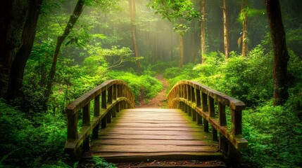 Obraz premium Tranquil Wooden Bridge Over a Serene Pathway Surrounded by Lush Greenery and Mystical Fog in a Peaceful Forest Environment