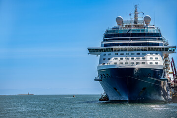 Luxury cruise ship docked in port