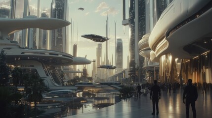 A sprawling futuristic city during twilight, with sleek, glass skyscrapers reaching towards the sky