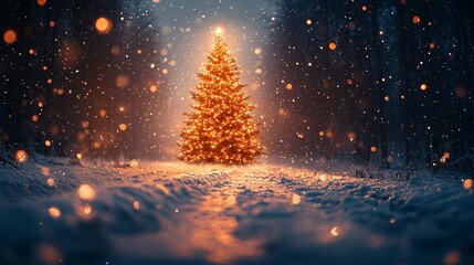 Glowing Christmas Tree in a Snowy Winter Scene