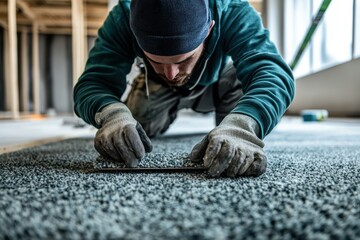 Construction worker installing carpet tiles blue-green hoodie work gloves kneeling industrial setting focused task