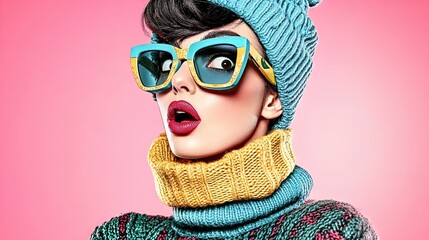 Playful Winter Vibes: Bold Young Woman in Colorful Knitwear with Oversized Sunglasses - Perfect for a Vibrant Sports Interior Poster!