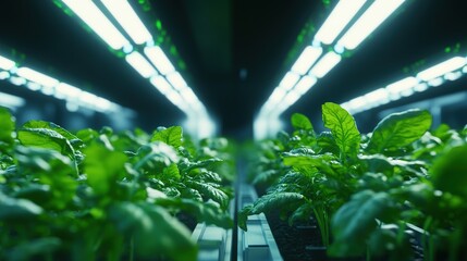 A futuristic hydroponic farm with rows of green vegetables growing under LED lights.