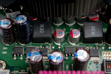 electronic circuit board with small radio components close-up