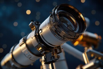 Fototapeta premium A telescope with a large lens is shown in a dark background