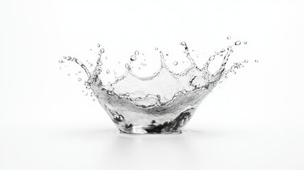A clean, crisp image of a water droplet splashing outward, isolated on a white surface for maximum clarity and versatility.