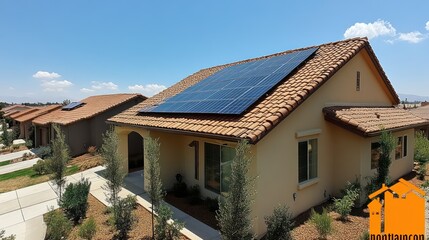 Solar panels positioned on a home rooftop under a clear sky, with intricate shadows and reflections.