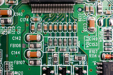 electronic circuit board with small radio components close-up