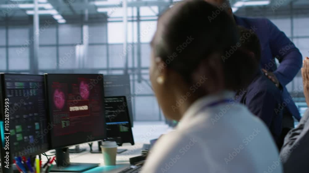 Poster cybersecurity specialists in server room trying to protect equipment from hacker stealing data. prog
