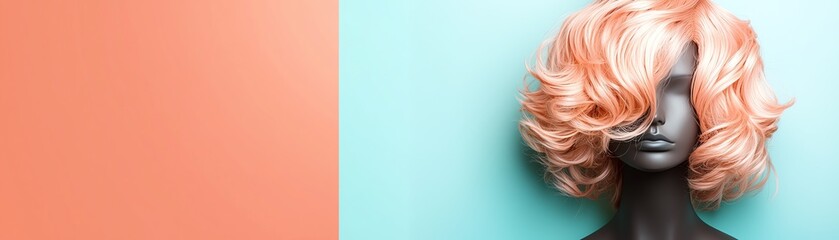 A striking mannequin displays a stylish, wavy orange wig against a pastel blue and peach background, creating a vibrant, modern aesthetic.