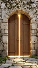 Wooden gate set against a backdrop of weathered stone walls, nature, natural, entrance