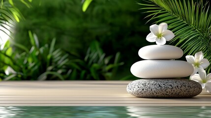 Obraz premium Tranquil Spa Scene with Smooth Stones, Lush Greenery, and Delicate White Flowers, Perfect for Relaxation and Meditation Themes in a Serene Setting