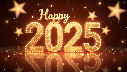 Happy New Year 2025 with golden lights. Concept of celebration, party, and holiday.