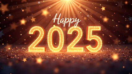 Happy New Year 2025 Celebration. Festive Background with Golden Lights and Stars.