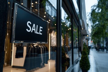 Obraz premium A black sign with the word Sale written on it hangs in a store window