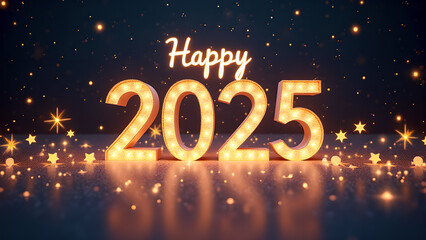 Happy New Year 2025 with glowing lights. Concept of celebration, holiday, and future.