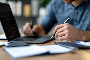 Fototapeta premium A man is sitting at a desk with a laptop and a pen