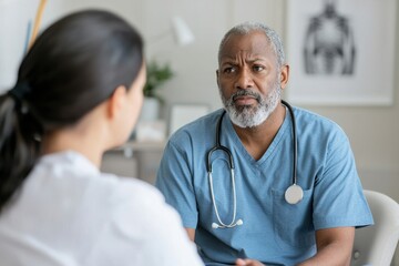 A doctor is talking to a woman in a white lab coat