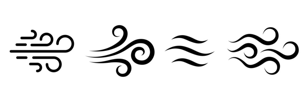 Strong wind line icon set. Windy weather, Airflow, wind flow symbol.  Natural wind icons. Windy blow logo, label, badge, sticker, symbol, emblem, stamp, black, line, flat vector isolated illustration.